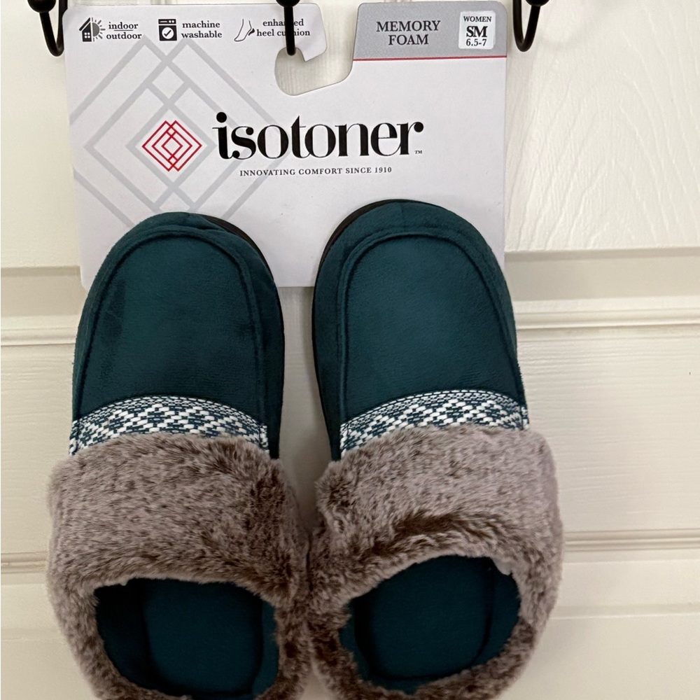 Isotoner Teal and Gray Slippers with Memory Foam